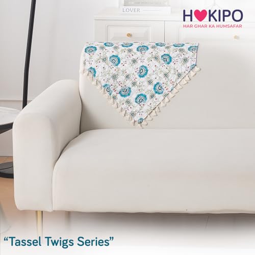 Image of HOKIPO Cerulean Bloom Quilted Sofa Backrest Cover Mat| 'Tassel Twigs' Series (IN-988-T6)