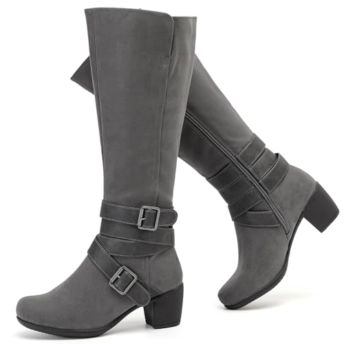 Knee High Boots for Women Chunky Heel Casual Comfort Pointed Toe Boot Womens Fashion Fall Winter Knee-High Boots. 8 Grey Zpu 304
