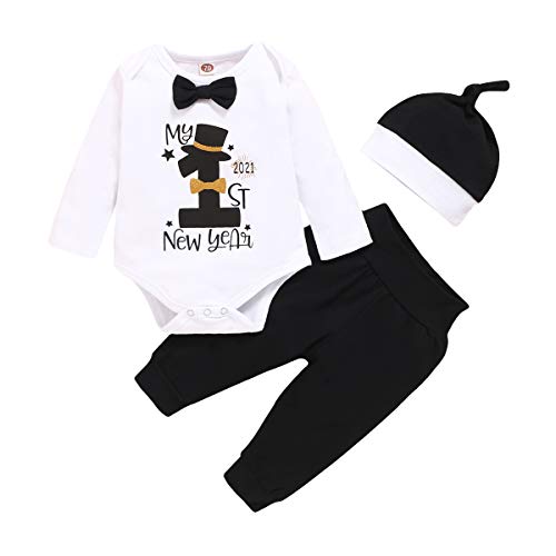Baby Boy First New Year Outfit Newborn Kids Boy 2021 My 1st New Year Romper Pants Clothes Set (Black, 0-3Months)
