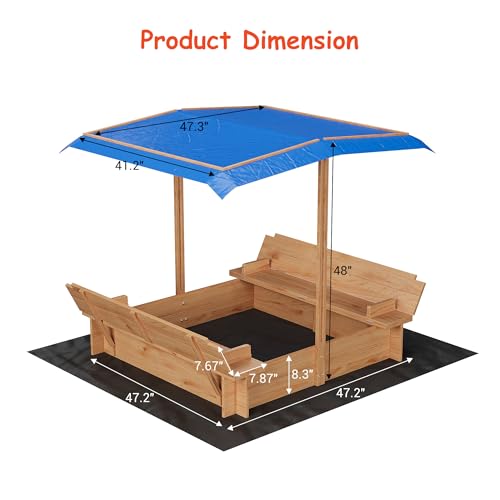 Wooden Sandbox with Lid&Cover, Outdoor Sand Box with 2 Bench Seats, Bottom Liner, Adjustable Height & Rotatable Canopy for Ages 3-8, Spacious Kids Sand Pit for Beach, Patio, Backyard(47x47in)
