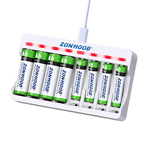 Rechargeable aa Batteries Charger,8Bay AA AAA Battery Charger with 4-Pack 1.2V 2800mah Ni-Mh AA Rechargeable Batteries and 4-Pack 1100mah AAA Rechargeable Batteries - Durable & Long Lasting Batteries