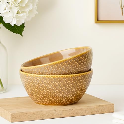 Image of The Earth Store Caramel Embossed Ceramic Bowl Set of 2 - 500ML Each | Ceramic Mixing Bowls for Snacks, More | Rice, Dal, Fruits, Salad | Microwave Safe Bowl Set | Perfect for Gifting & Daily Use