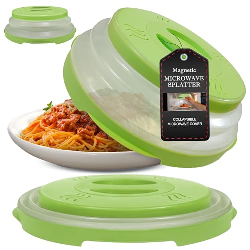 High Power Magnetic Microwave Splatter Cover with strongest magnetic grip, Collapsible 12-Inch BPA-Free Food Lid, Vented Plate Guard, Dishwasher Safe, Space-Saving Magnetic Storage - Green