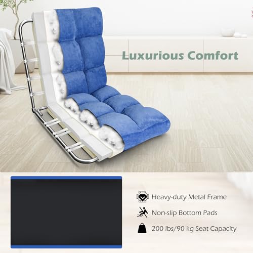 Image of COSTWAY Floor Chair, Video Gaming Chairs with Back Support, Adjustable 14-Position, Alloy Steel Frame, Soft Coral Fleece, Lazy Sofa Lounge for Reading Living Room Recliner for Adults Kids (Blue)