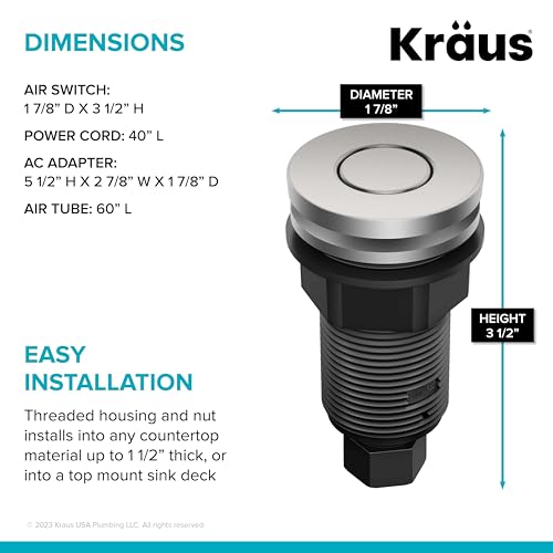 Image of KRAUS Garbage Disposal Air Switch Kit in Spot-Free Stainless Steel with Push Button, AC Adapter, Power Cord, and Air Tube Included, KWDA-200SFS