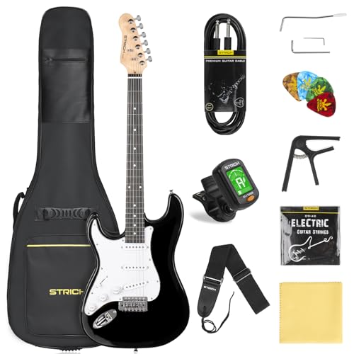 STRICH Electric Guitar Left Hand Beginner Kit Solid Body 39 Electric Guitar SSS Pick Up for Starter with 5W x 2 Amp Bag Tuner Capo Strap String Cable Picks SST-S10L Black