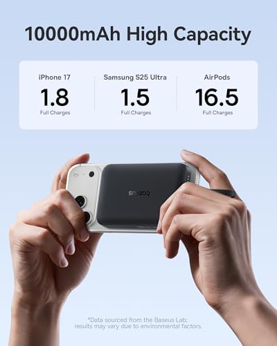 Image of Baseus Magsafe Power Bank, 10,000mAh 30W Magnetic Portable Charger, Fast Charging Wireless Battery Pack with Built-in Braided USB-C Cable for iPhone 17 Pro Max /Air /16 /15 /14 /13, AirPods, iPad and More