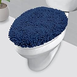 LuxUrux Toilet Lid Cover with Stretch Fit Elastic Band – Chenille Microfiber Toilet Seat Non-Slip Cover for Bathroom – Soft Plush, Machine Wash And Dry, Comfort & Clean Look (18 x 21'', Blue)