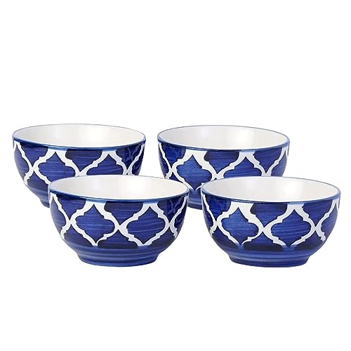 Ruvi Ceramic Hand-Painted 4 Stoneware Ceramic Bowl (Blue, 200 ml, Set of 4) Microwave Safe (New)