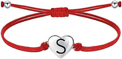 Bracelet for Women Heart with Letter, Silver 925 Initial Charm Handmade Braided Cord Bracelet, Personalized Alphabet Jewelry Adjustable