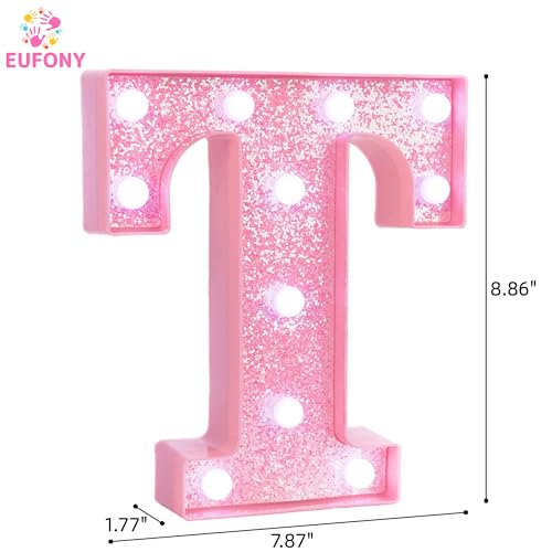 Image of Pink Marquee Light Up Letters, Glitter Alphabet LED Letter Lights for Pink Birthday Party Decorations, Battery Operated Letter Sign for Girls Room Vanity Table Decor, Cool White Lights Letter T