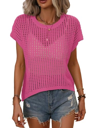 Image of Crochet Tops for Women Spring Summer Shirts Cute Mesh Top Cap Sleeve Cover Up Pullover Sweater Beach Vacation Clothes