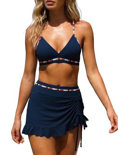 SNUOEN Women’s Bikini Set High Waist Sexy V-Neck Two-Piece Swimsuit with Color Block Drawstring Tankinis Blue