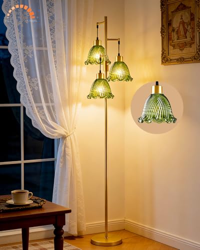 Image of 3-Light Modern Glass Floor Lamp, Gold Standing Tall Lamp with Green Glass Shade for Reading, Dimmable LED Floor Lamp with 5Lbs Heavy Base for Living Room Bedroom Home Decor, Bulb Included