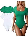OQQ Women's 2 Piece Bodysuits Sexy Ribbed One Piece Square Neck Short Sleeve Bodysuits Green White