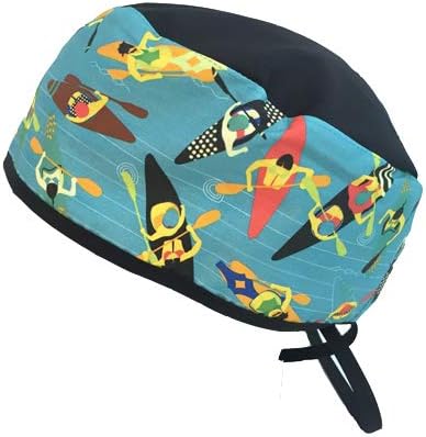 Surgical scrub cap. Operating theatre hat. Blue kayak. Short hair.