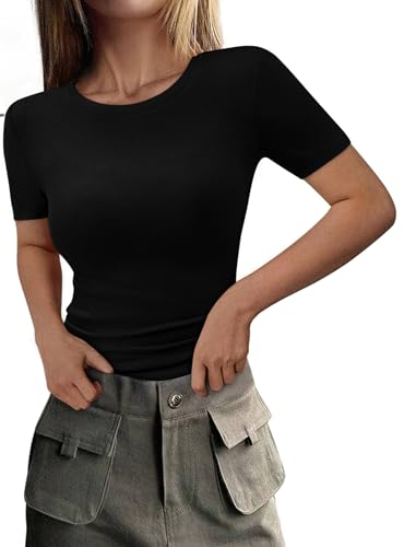 PRETTYGARDEN Womens Short Sleeve Slim Fit Basic Shirts Black,M