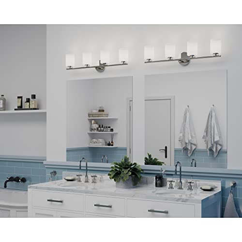 Image of Progress Lighting Replay Collection 4 Light Bathroom Vanity Light, Modern Bath Lighting Fixture with Etched White Glass Shades for Over The Mirror, Reversible Mounting, Polished Nickel