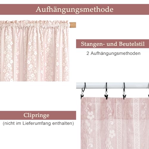 Alishomtll Scheibengardinen Rosa, Modern Kurz Bistrogardine, Doppellagig Küchengardinen mit Leinen und Spitze, Landhausstil Fenstergardinen, Kurzgardine für Küche Fenster Wohnzimmer 120Bx45H cm