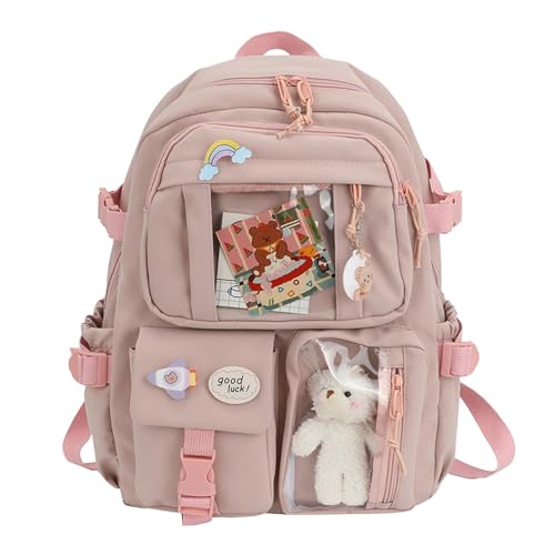 Kawaaii - Mochila con colgante para niños, mochila de viaje estética, bonita bolsa de hombro con pin y accesorios, mochila de gran capacidad para escuela, niñas, 40 x 30 x 11 cm, rosa, Refer