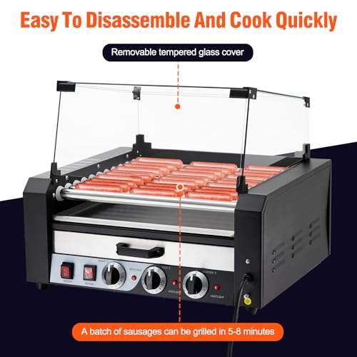 Litake Hot Dog Roller,11 Rollers 30 Hot Dogs Capacity 1950W Stainless Sausage Grill Cooker Machine with Removable Oil Drip Tray Dual Temp Control and Glass Hood Cover, Perfect for Commercial and Party