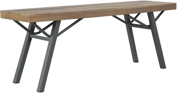 Brown Solid Acacia Wood Garden Bench, 47.2 in Wide, Weatherproof Steel Frame, Oiled Finish, for Patio, Porch, and Outdoor Seating