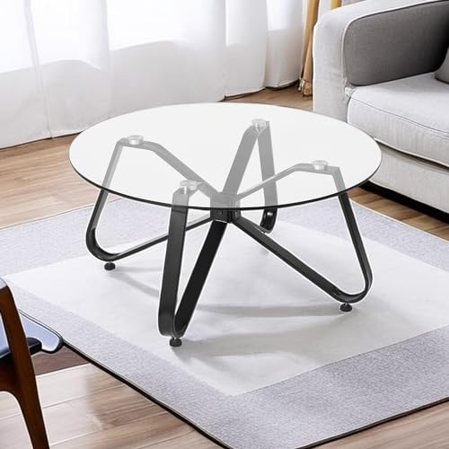 FurnitureR Ronde Minimaliste Nordique avec Plateau en Verre trempé, Base Moderne en Fer Noir, Table d&rsquo;appoint pour la Maison, Le Salon, Le Patio, Le Jardin, 80 x 80 x 40cm