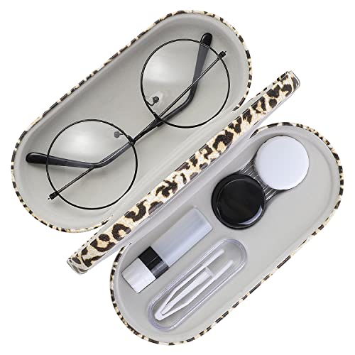 Image of MoKo Double Eyeglass Case, Contact Lens Case with Mirror Tweezers Remover, 2 in 1 Double Sided Portable Contact Lens Box Holder Container Storage Kit Sunglasses Pouch for Men & Women, Leopard
