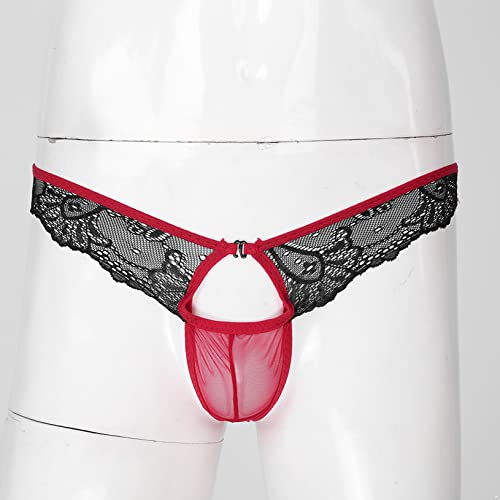 Fghsfrt Men Sexy Underwear Lace Low Rise Briefs T-Back Thongs Sissy Panties Intimate Lingeries Red #TOP2