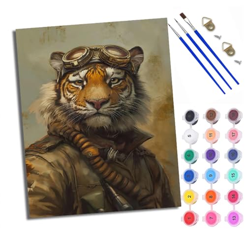 WXRWANG Pintura por números DIY Pintura por Números para Adultos Tigre vestido de piloto Kits de Pintura por Números sobre Lienzo con Pinceles para Decoración de Pared Hogar 40 x 50 cm (Con marco)