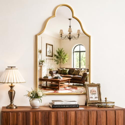 Uniclinens Gold Vintage Wall Mirror - Arched Large Mirror Wall Decor Mounted Mirror with Metal Frame, Ideal for Entryway, Fireplace, Living Room, Hallway, Bathroom, 36"X24"