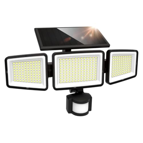 UME Lampe Solaire Extérieure, 302 LED, 1500 lm, Imperméable, Détecteur de Mouvement, Projecteur 3 Têtes, Angle d’éclairage large 270°, 3 Modes d’éclairage, Luminaire Extérieur pour Jardin