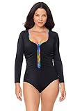 Reebok Women's Swimwear Rainbows & Stripes Shirred Long Sleeve Zipper Front Rashguard One Piece Swimsuit, Multi, 12