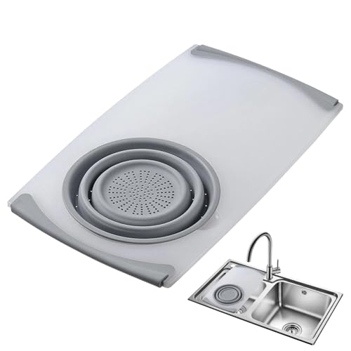Tabla de cortar y colador para fregadero de cocina, cesta coladora extensible, tabla de cortar con recipientes sobre el fregadero para cocina