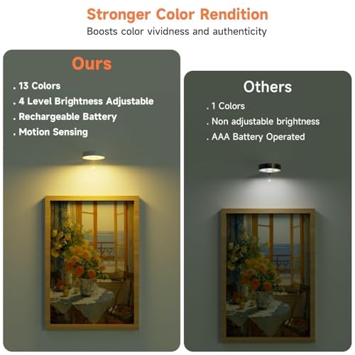 Image of 3 Pack Picture Lights for Wall Battery Operated, Motion Sensor Picture Light with Charging Base, Poster Lights with Remote Dimmable and Timer, Wall Lamps with 13 RGB for Art Display(White)