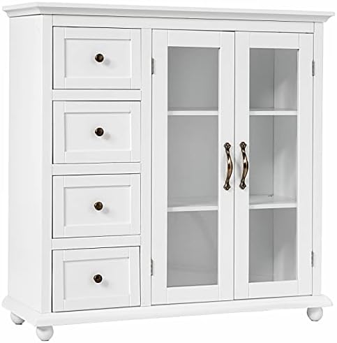 TANGZON Kitchen Sideboard, Wooden Storage Cabinet with 4 Drawers, 2 Glass Doors, Metal Handles & Anti-Toppling Device, Buffet Cupboard for Living Room Dining Room Hallway (White)