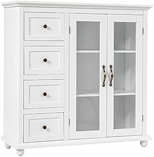 TANGZON Kitchen Sideboard, Wooden Storage Cabinet with 4 Drawers, 2 Glass Doors, Metal Handles & Anti-Toppling Device, Buffet Cupboard for Living Room Dining Room Hallway (White)