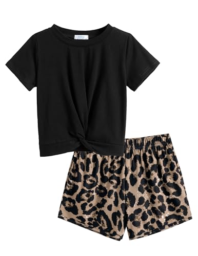 Image of Arshiner Girls Clothing Sets Twist Front Top and Shorts 2 Piece Outfits Activewear Tracksuit 5-14 Year