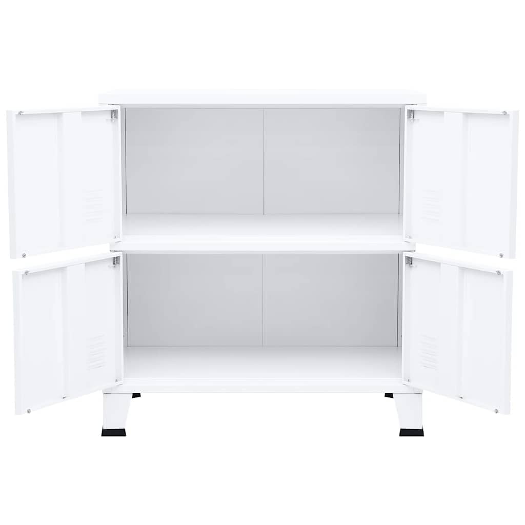 Industrielle Aufbewahrungstruhe aus Stahl Weiß 75x40x80 cm mit 1 Einlegeboden und Namensschildern, Stahlfüße mit Kunststoffkappen, Lüftungsschlitze, für Büroorganisation