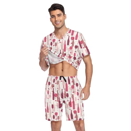 Men's Pajama Set Summer Short Sleeve Wine Bottle and Wineglass Loungewear 2 Piece Sleepwear Set with Pockets3