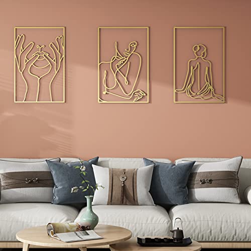 Gold Wall Decor Set Of 3, 23.6 X 15.7 Inches Large Wall Decor, 0.12'' Thicker Modern Minimalist Wall Art For Bedroom, 3D Abstract Female Single Line Wall Decor, Wall Sculptures Gold Accent Decor For Living Room And Bathroom #TOP3