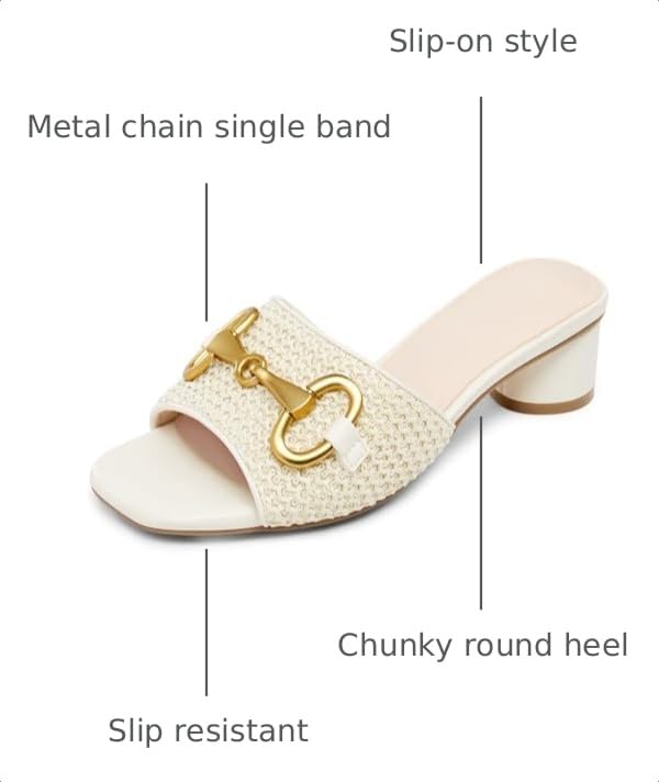 Image of Coutgo Womens Heeled Slides Sandals Square Open Toe Slip on Comfortable Kitten Block Low Heel Metal Chain Dressy Shoes