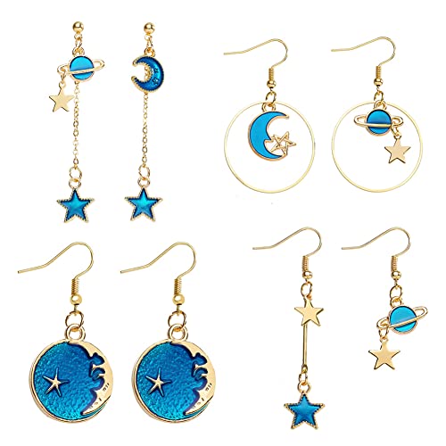 Creative Blue Dangle Boucles d'Oreilles Set, 4 Paires Boucles d'Oreilles Asymetriques, Asymétrique Long Pendentif Crochet Dangle Boucles d'Oreilles, Moon Star Boucles Oreilles pour Femmes Filles Cover