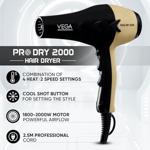 VEGA PROFESSIONAL Pro Dry 1800-2000W Hair Dryer for Woman & Man | Blow Dryer for Women Cool Shot Button & Combination of 4 Heat & 2 Speed Settings, Gold, (VPVHD-04) view 2