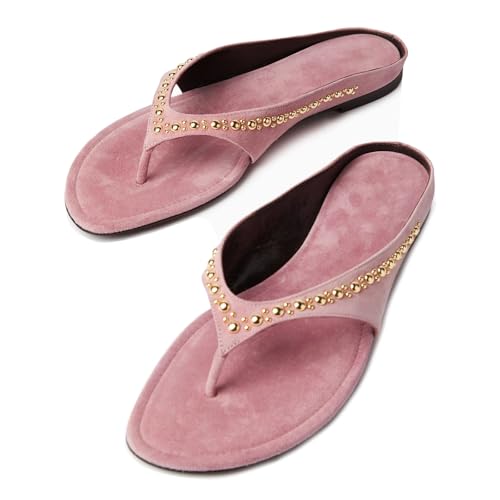 Image of Goolita Summer Suede Thong Flat Sandals For Women, Gold Studs Round Toe Flip Flops Slippers Comfortable Casual Thong Slide Sandals