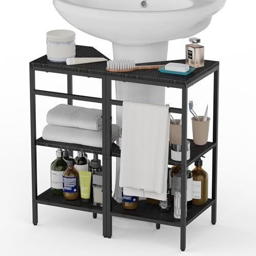 Under Pedestal Sink Shelf, 2 Pack Under Sink Organizers and Storage, 3-Tier Pedestal Under Sink Storage Bathroom Vanity, Corner Shelf Stand for Bathroom, Kitchen, Living Room, Black