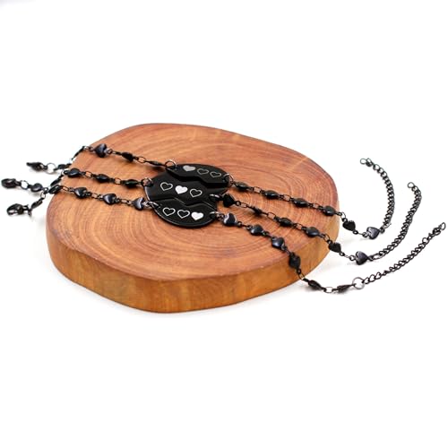 Image of 3pc Puzzle Heart Pieces Bracelets for Women Adjustable Stainless Steel Black Heart Link Bracelet for Sisters Friend Family Friendship Gifts YA4838