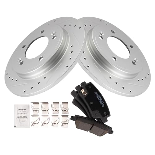 Image of TRQ Performance Rear Brake Pad and Rotor Set Ceramic Coated Drilled Slotted Compatible with 2021-2023 Hyundai Elantra