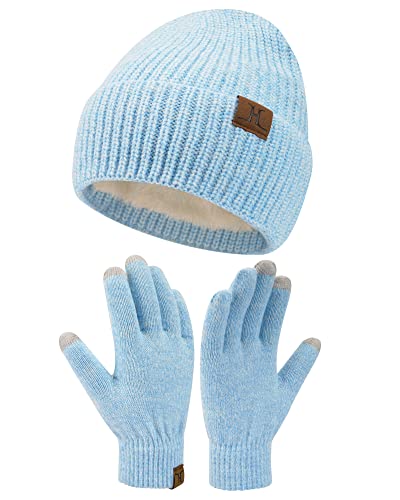 ZASFOU Damen Winter Beanie Mütze Touchscreen Handschuhe Warme Wintermütze und Winterhandschuhe Set mit Fleece Gefüttert,Blau Weiß Cover