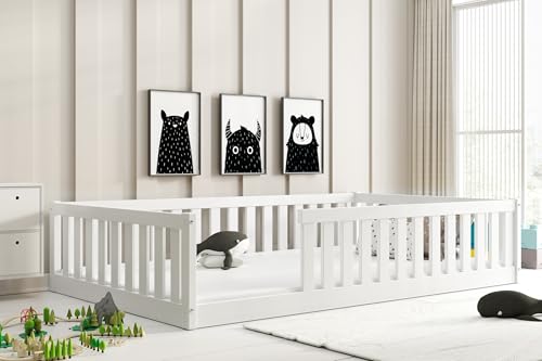 Interbeds Kinderbett Bella 120x200 mit Rausfallschutz & Lattenrost Bodenbett aus Holz Einzelbett Montessori Bed Gitterbett Kleinkindbett bis 120 kg Kiefer Holz massiv Junge Mädchen (weiß, 120x200)